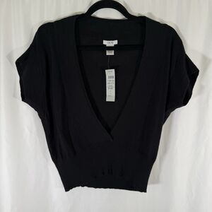 New Cache Sweater Women's Large Black V Neck Short Sleeve Flax Cotton $78